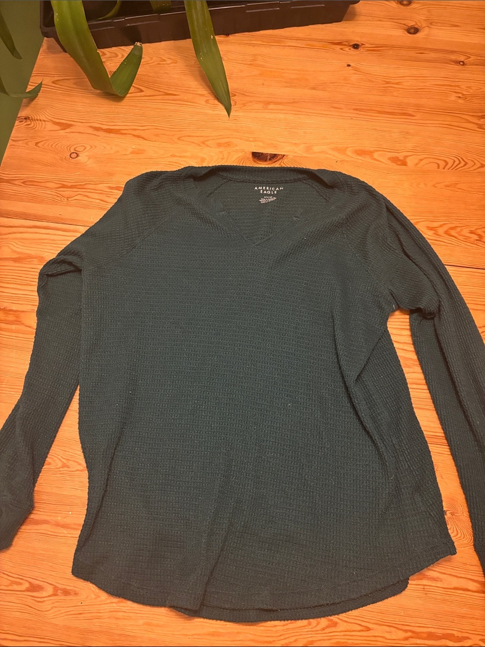 American Eagle Outfitters Dark Teal Waffle-Knit Long Sleeve Crew